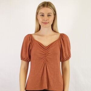 Dept 222 women rust ribbed rushed puff sleeve top Small boho romantic soft girl